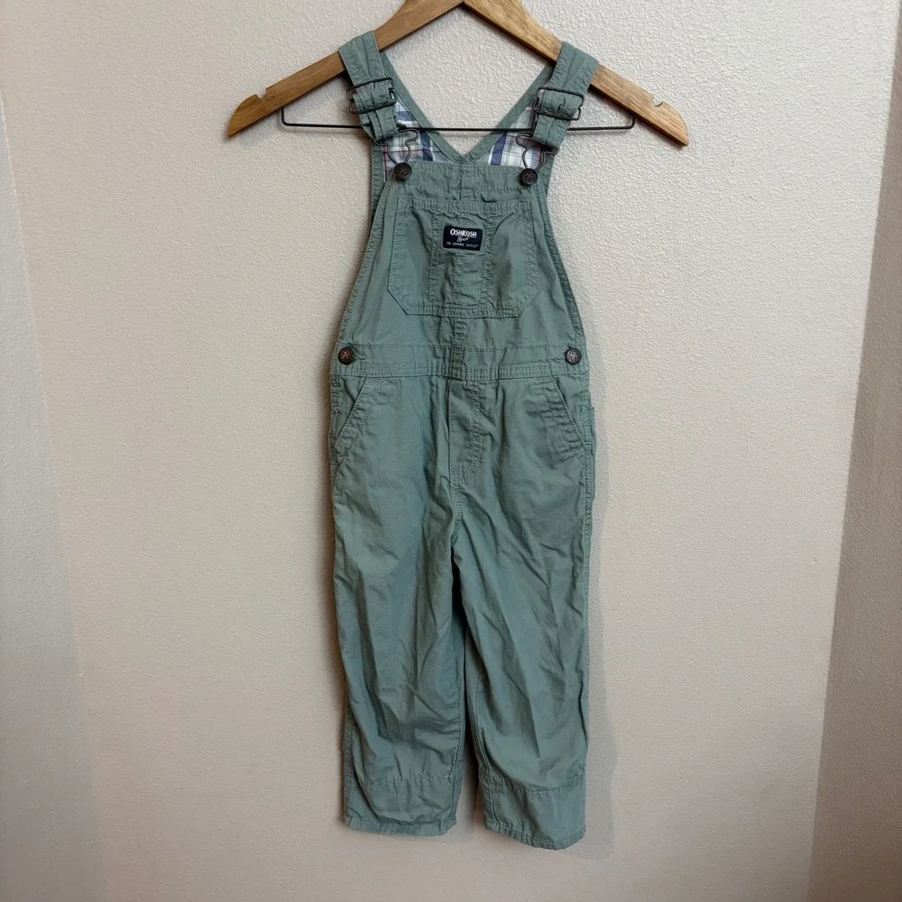 OshKosh B'gosh Overalls 4T Sage Green Cotton Canvas Plaid Trim